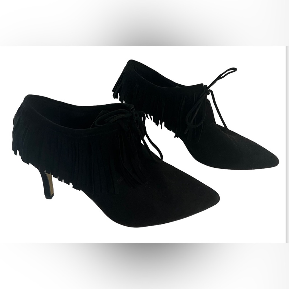 Bella Vita Suede Fringed Tie Pointy Toe Heeled Shoes Black sz 12WW Shabby Chic